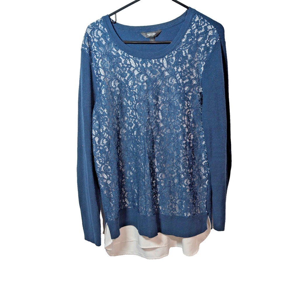 Simply Vera Wang Sweater Blue Cream Lace Overlay Mock-Layer Women's Size Large
